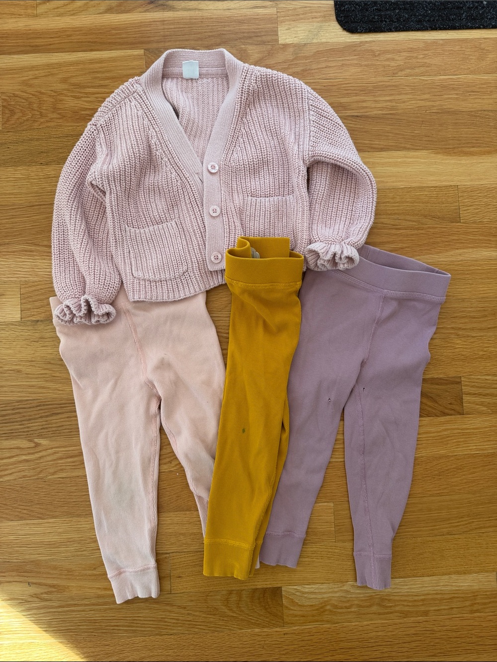 Hanna Andersson Pink Cardigan with Pink, Mustard & Lavender Leggings
